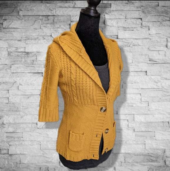 Mustard Yellow Sweater Jacket Fall Cardigan Short Sleeve Button Up Knit - Picture 2 of 10